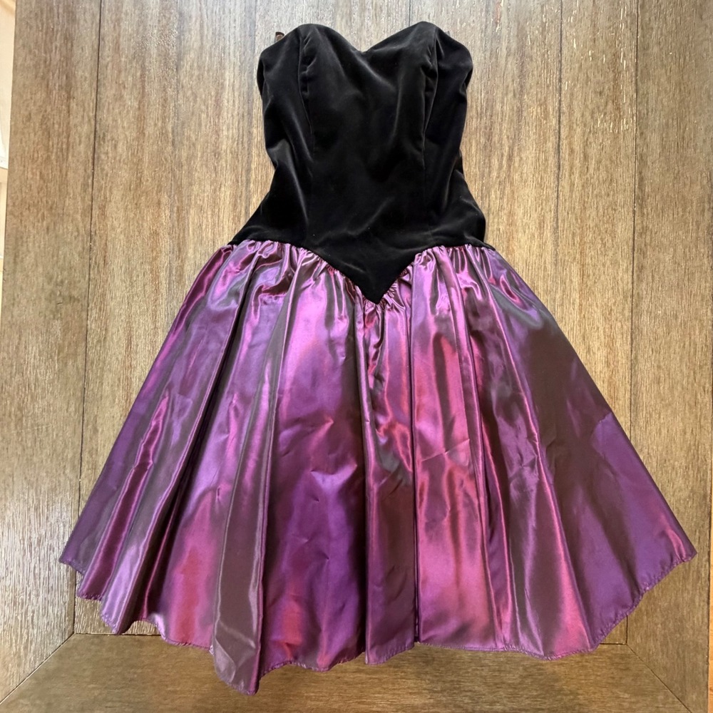 Laura Ashley Vintage 80s Strapless Velvet Taffeta Party Dress Black Purple - Picture 1 of 13